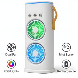 Dual Fan Air Mini Cooler – Rechargeable | Mist Cooling & 3-Speed
